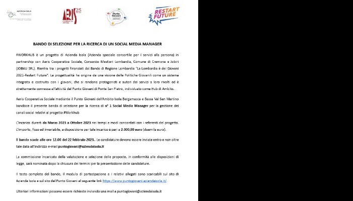 Progetto #Workhub – Bando di selezione per la ricerca di n° 1 Social Media Manager per la gestione dei canali social