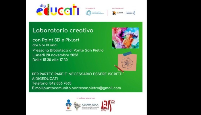 Laboratorio creativo progetto Dig'Educati per bambini e ragazzi dai 6 ai 13 anni Lunedì 20 novembre 2023 dalle 15,30 alle 17,30 presso la biblioteca di Ponte San Pietro
