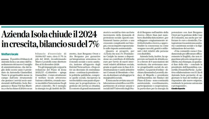 Bilancio 2024 - articolo L'Eco di Bergamo 