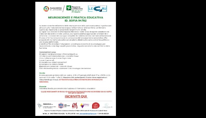 CORSO DI FORMAZIONE 0/6: NEUROSCIENZE E PRATICA EDUCATIVA