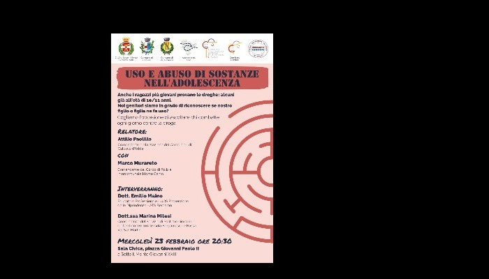 Serata formativa/informativa "USO e abuso di sostanze nell'adolescenza"  mercoledì 23 febbraio ore 20,30 Sala Civica di Sotto il Monte Giovanni XXIII° Piazza Giovanni Paolo II